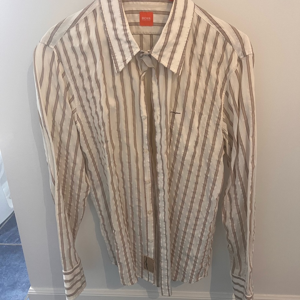Boss Men's Cream and Brown Striped Button Down Shirt